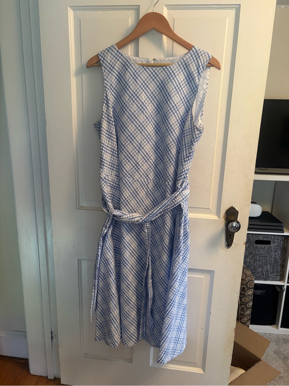 Anne Klein Blue and White Plaid Sleeveless Tie-Waist Dress